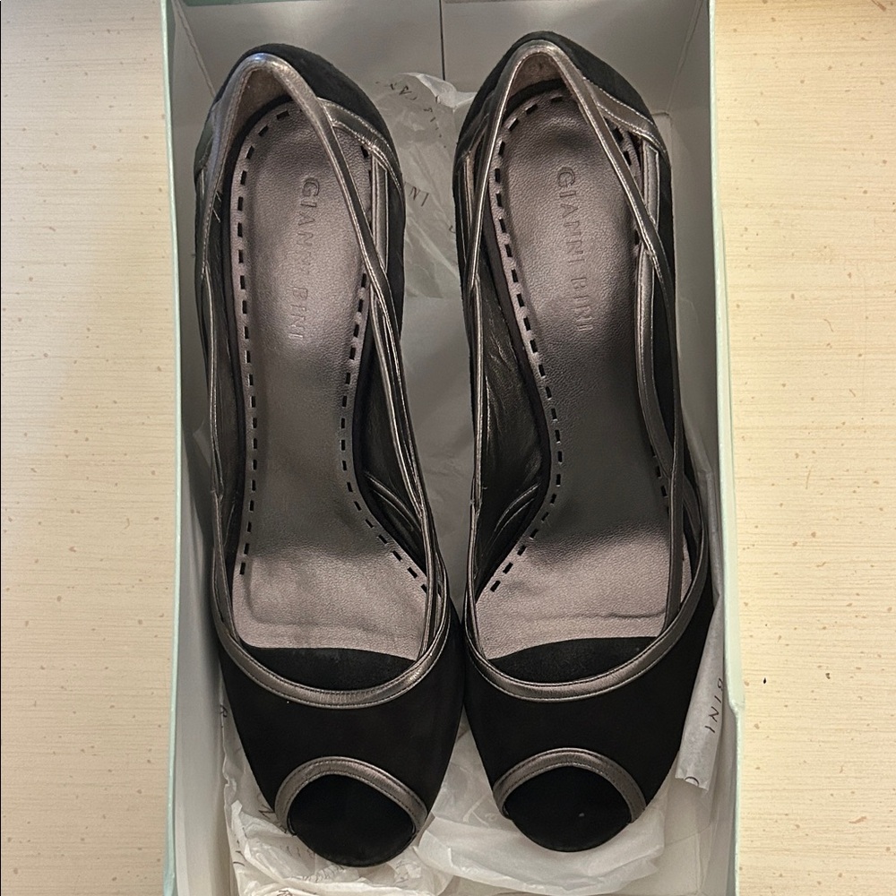 Gianni Bini Black and Silver Peep-Toe Heels